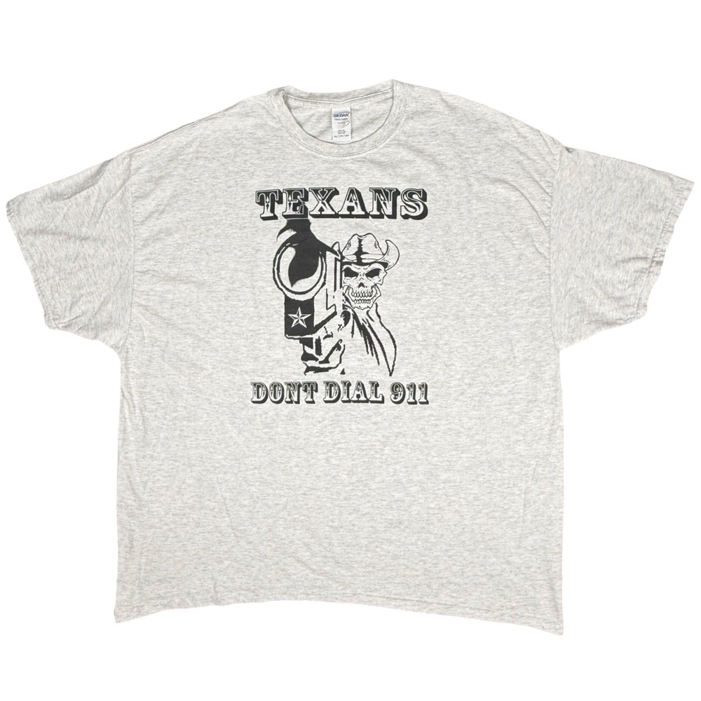 Texas Don't Dial 911 Skull‎ Cowboy Gun Graphic T Shirt Mens 3XL Gray